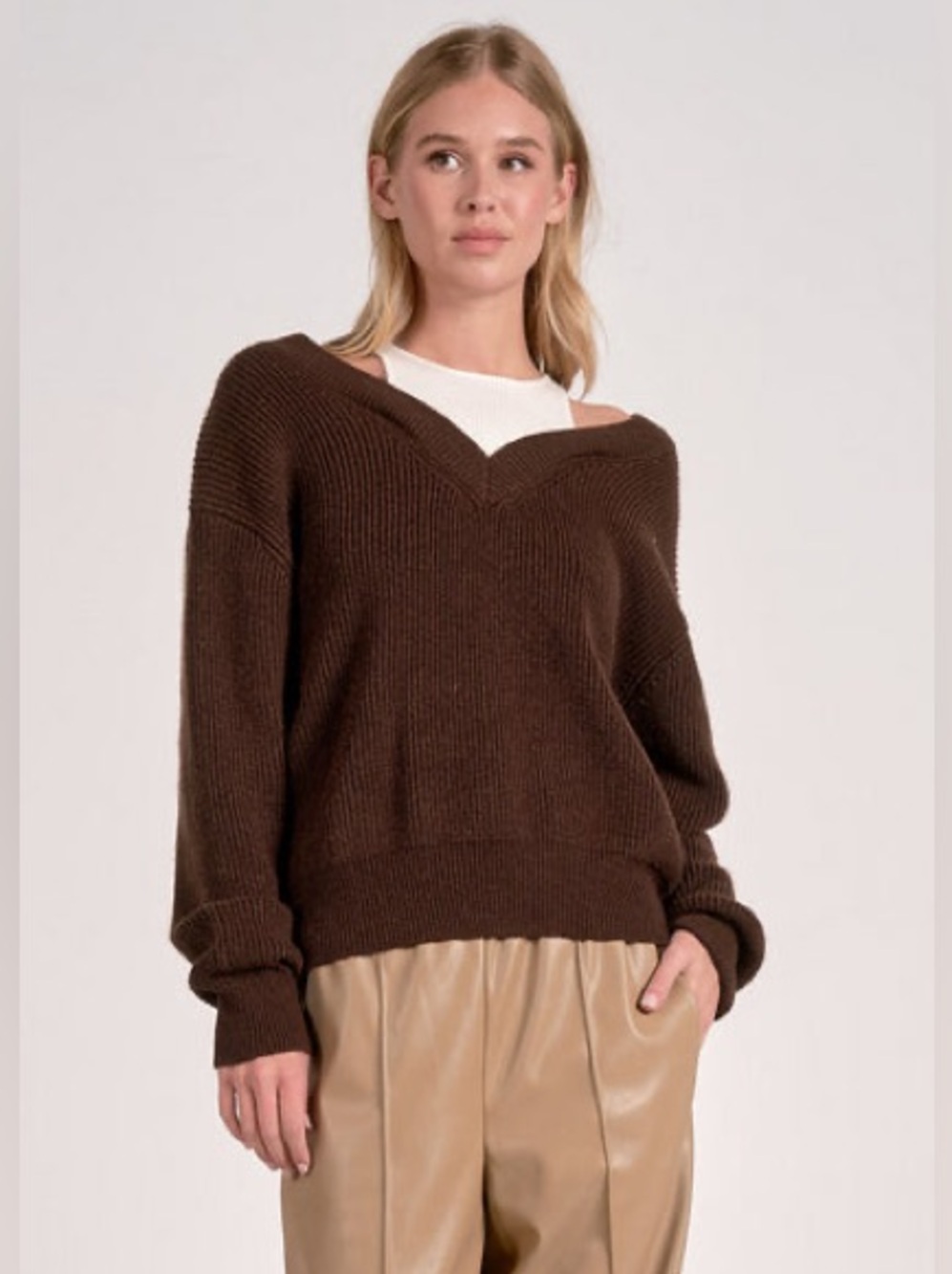 Elan Ashtin Sweater Oversized Brown White Cozy V-Neck Women's Sweater SZ XL NWT